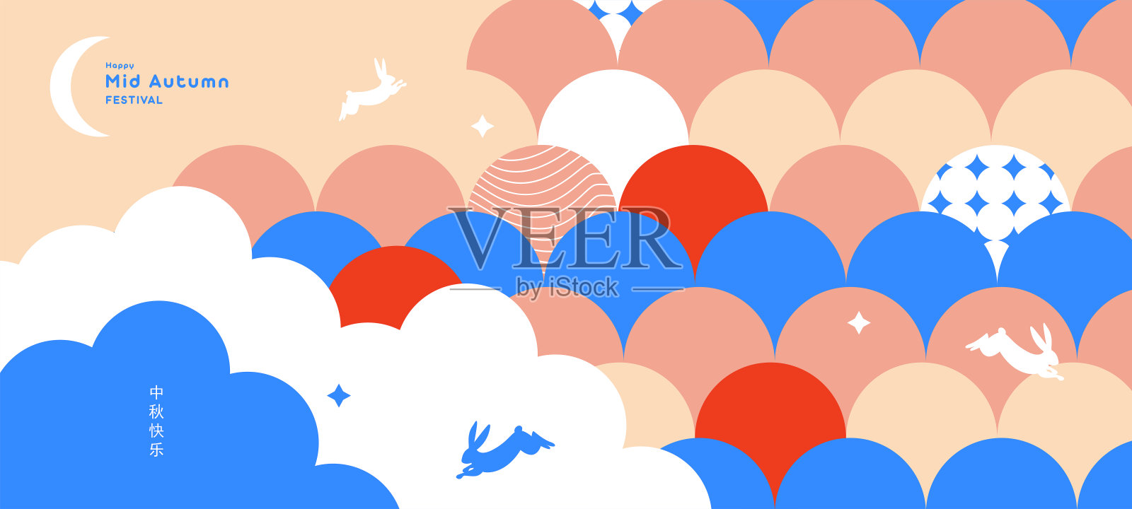 时髦的中秋节背景设计，贺卡，海报，传单，节日封面与月亮，月饼，可爱的兔子在红色，蓝色，
米色的颜色。插画图片素材