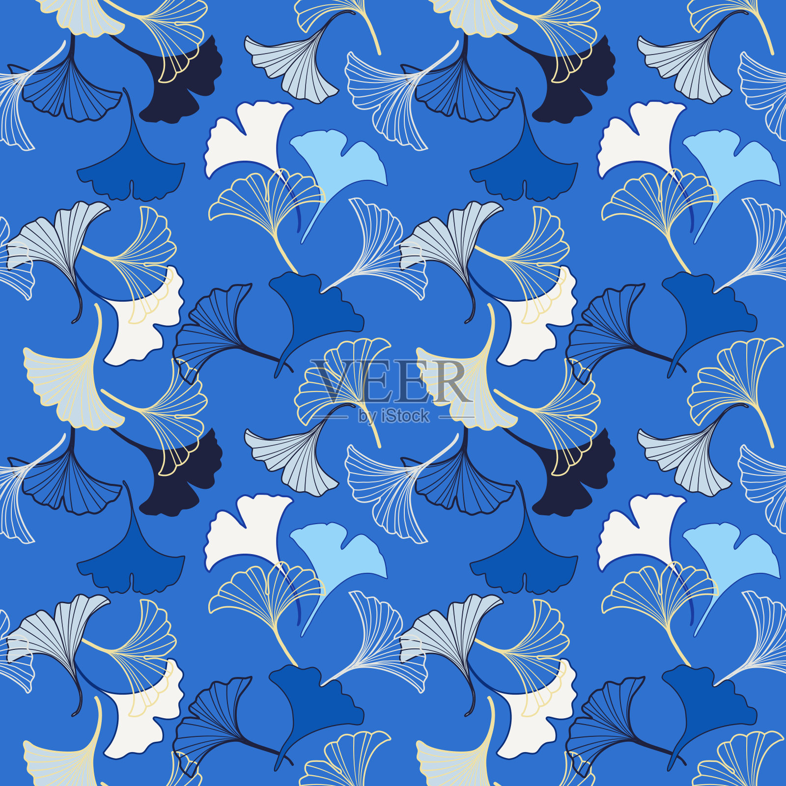 矢量无缝图案与蓝色和白色银杏叶飘落，插图抽象秋叶绘制在蓝色背景时装面料纺织品印刷，墙纸和包装纸插画图片素材
