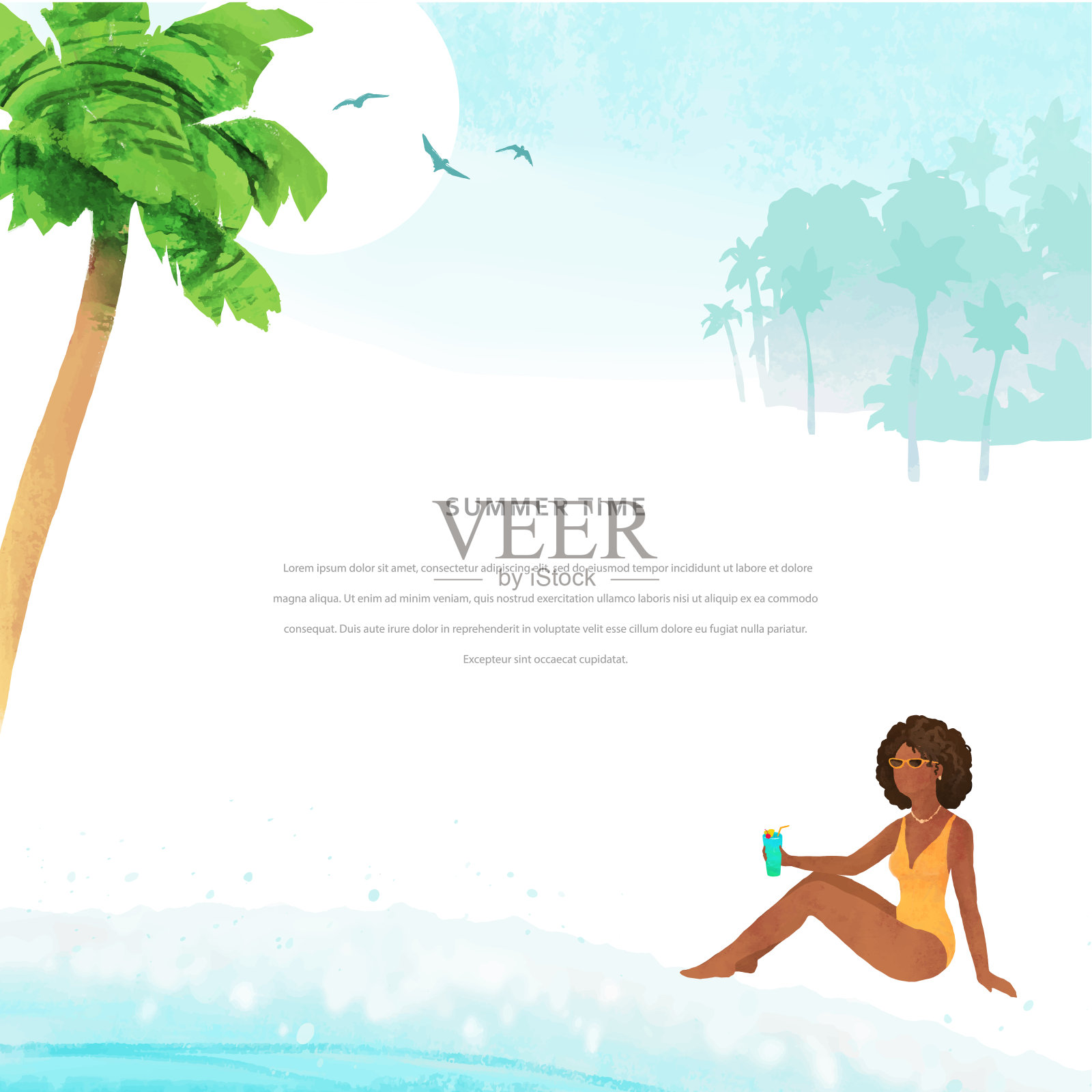 美丽的女人在热带海滩上放松。暑假的概念。矢量手绘模板框架为邀请，海报，传单，横幅，卡片文本的地方插画图片素材