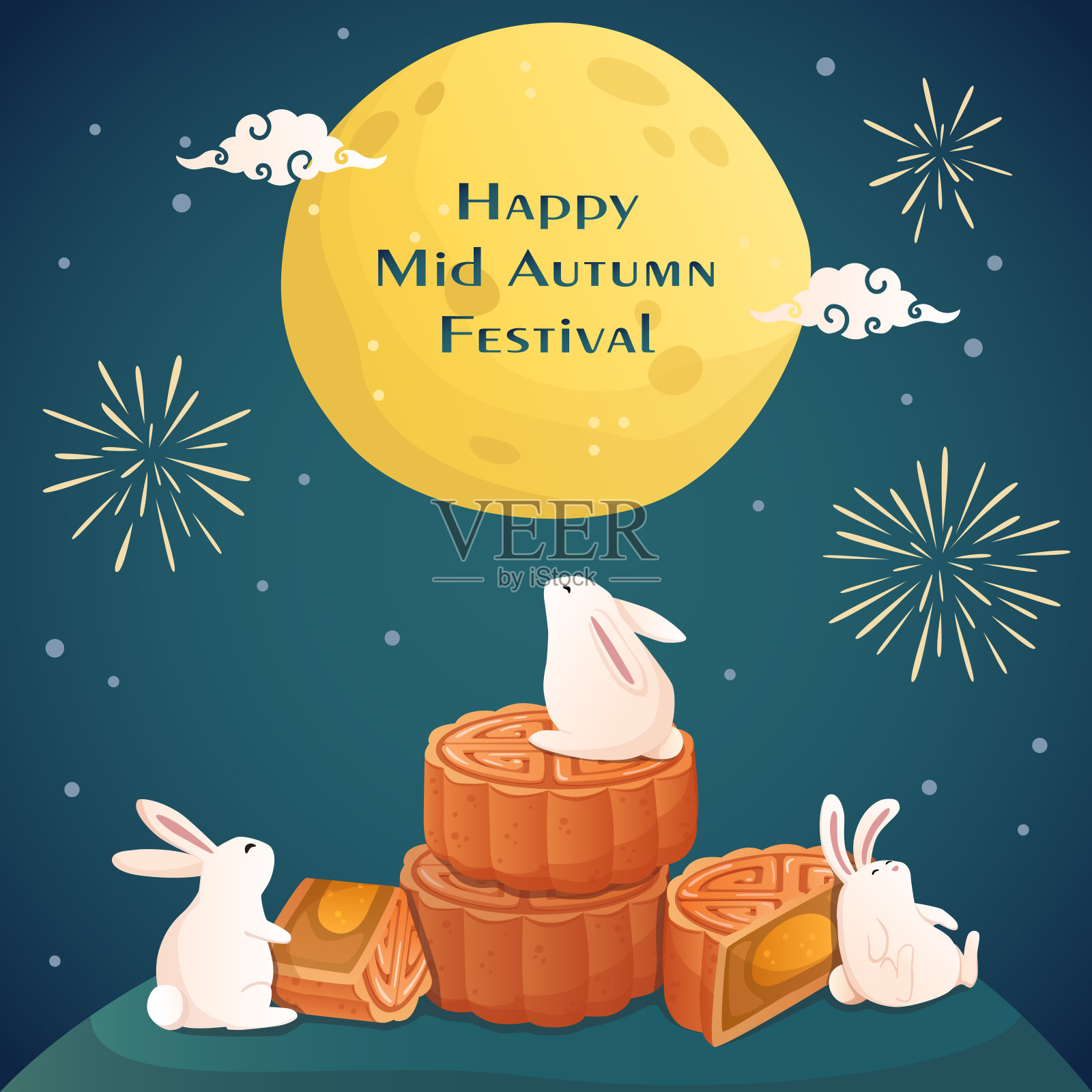 中秋快乐插图横幅。可爱的兔子在晚上吃着美味的月饼，看月亮。设计模板素材