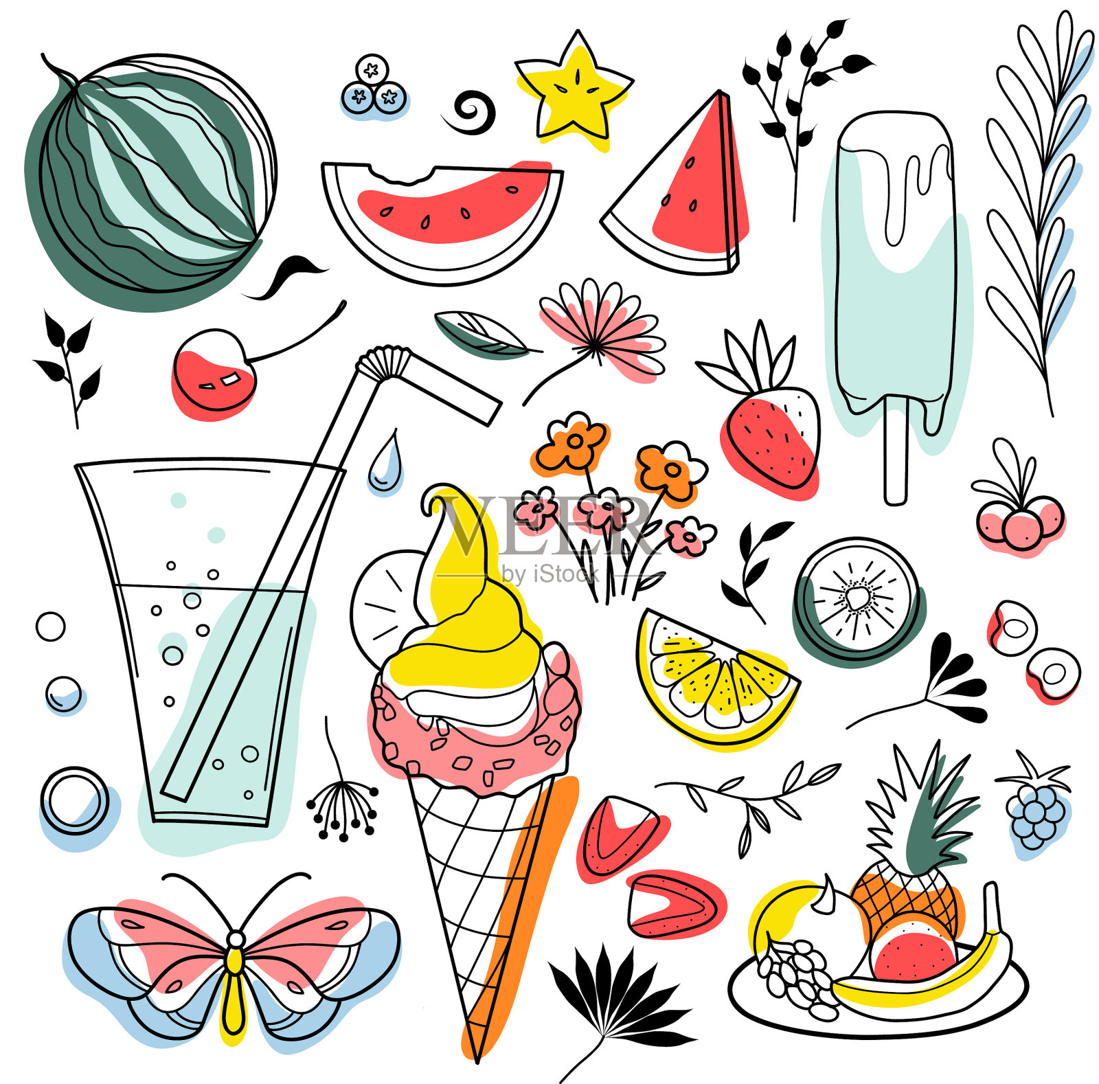 轮廓和斑点画一套夏天的糖果插画图片素材