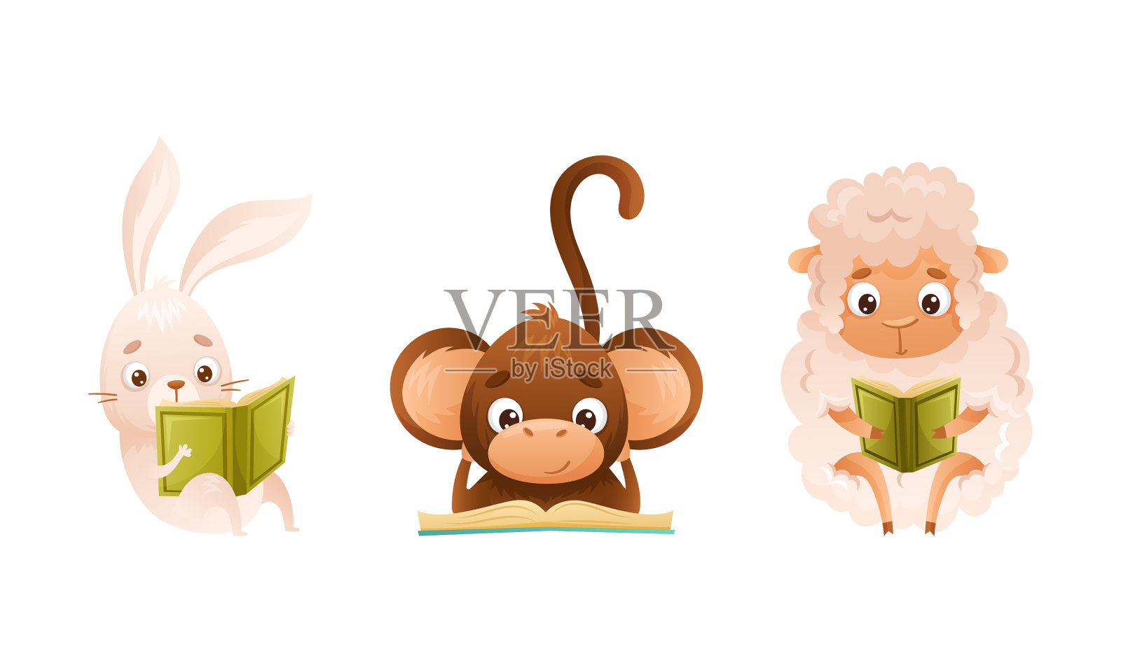 可爱的卡通动物阅读书籍矢量插画集 Vector Set of Cute Cartoon Animals reading Books – 设计小咖