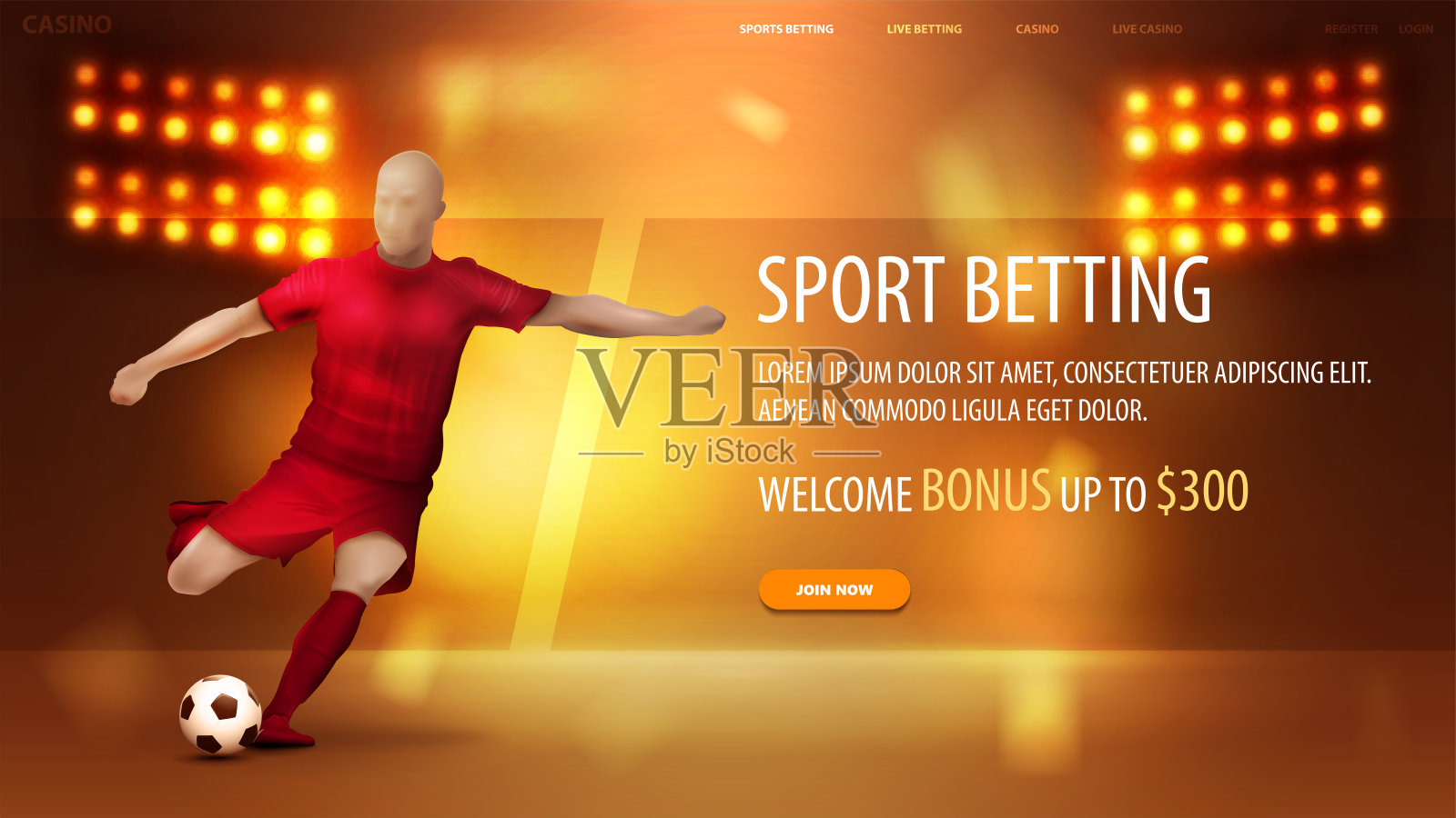 体育博彩，橙色横幅的网站与足球运动员的背景与体育场竞技场与聚光灯插画图片素材