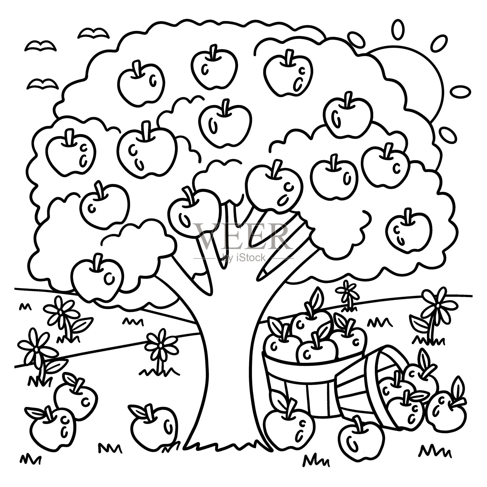 儿童苹果树涂色页设计元素图片