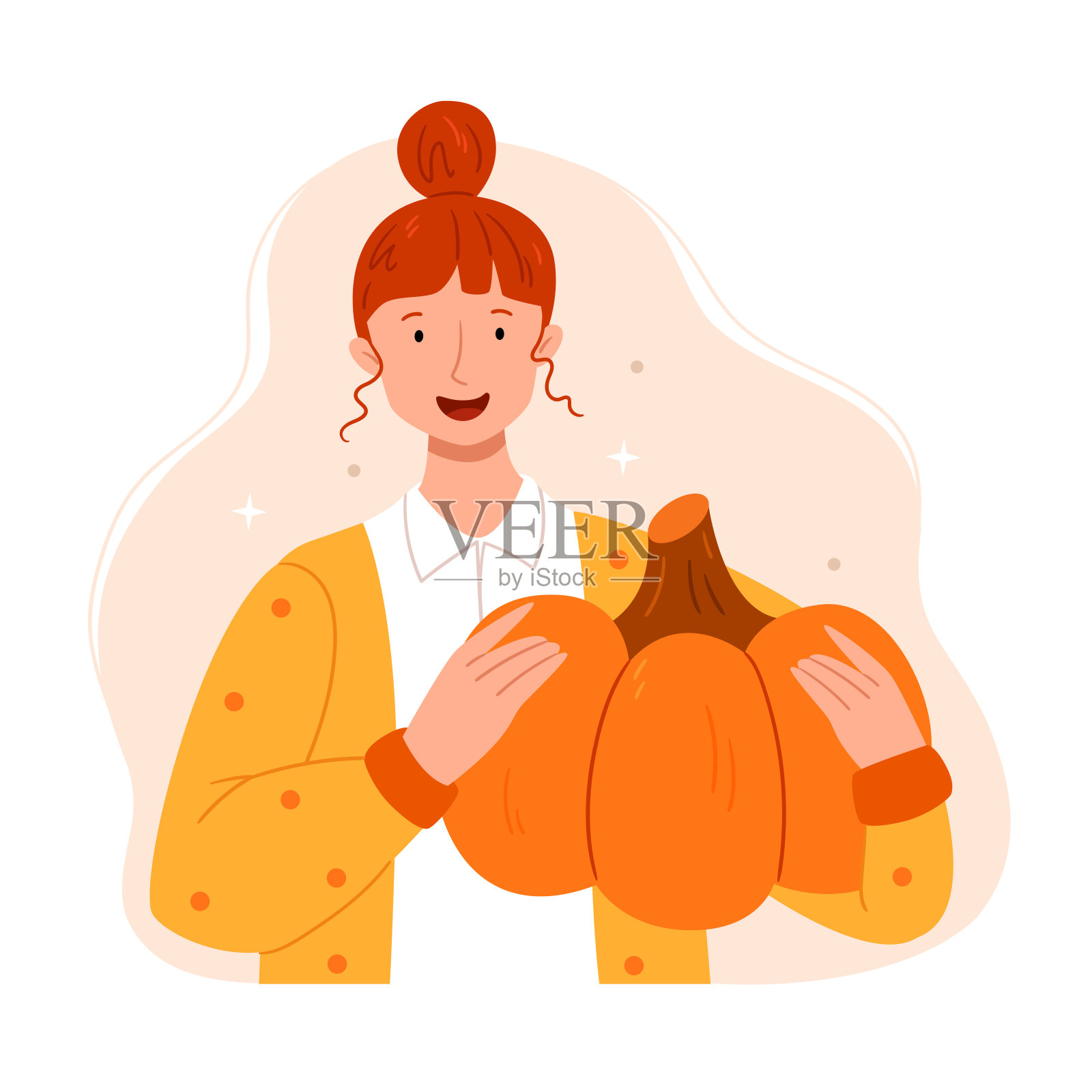 红头发的时髦女孩手里拿着一个大南瓜。万圣节,感恩节,秋天的心情。插画图片素材