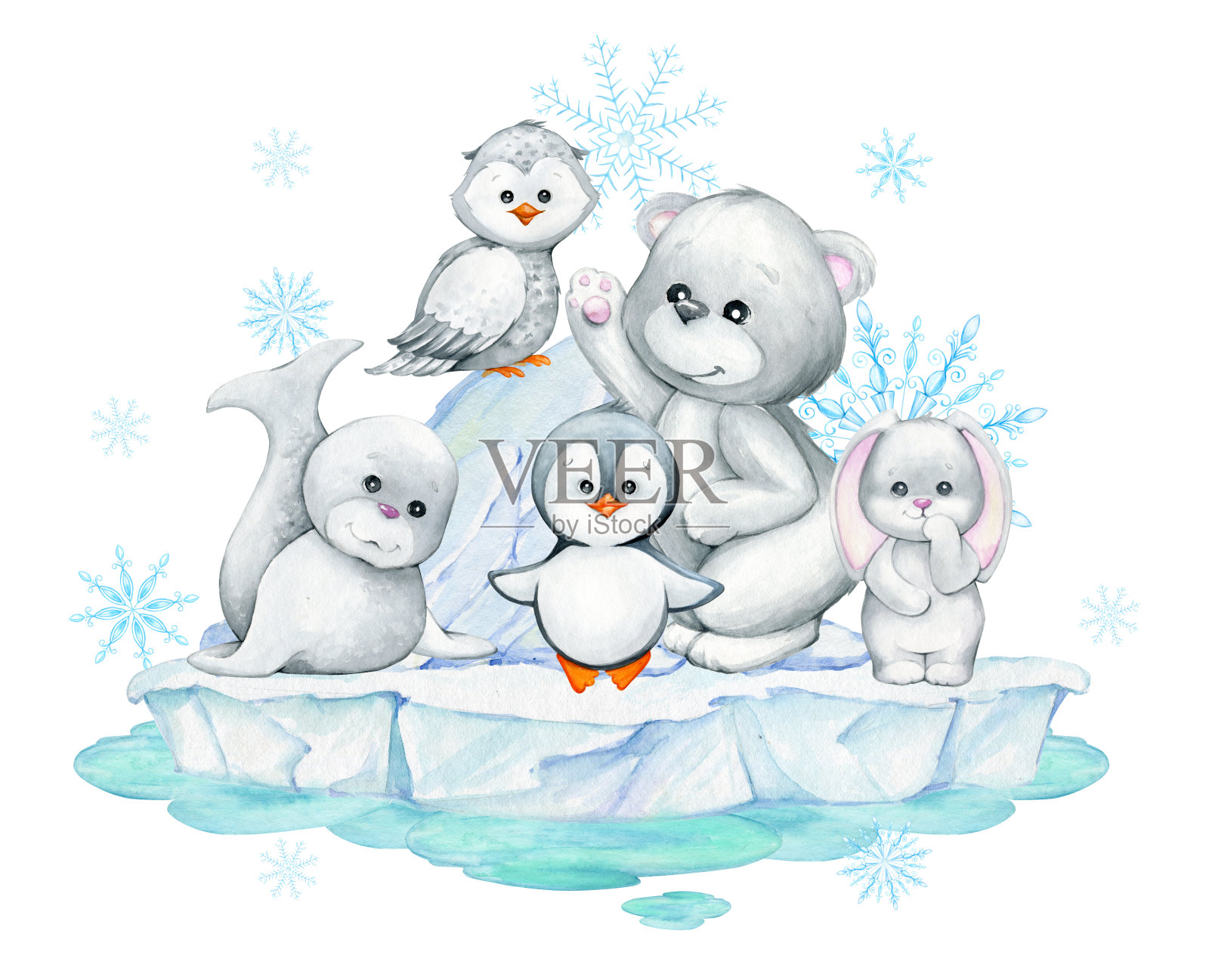 北极熊，猫头鹰，企鹅，海豹，冰川，雪花。水彩冬季剪贴画，卡通风格，在一个孤立的背景上。插画图片素材