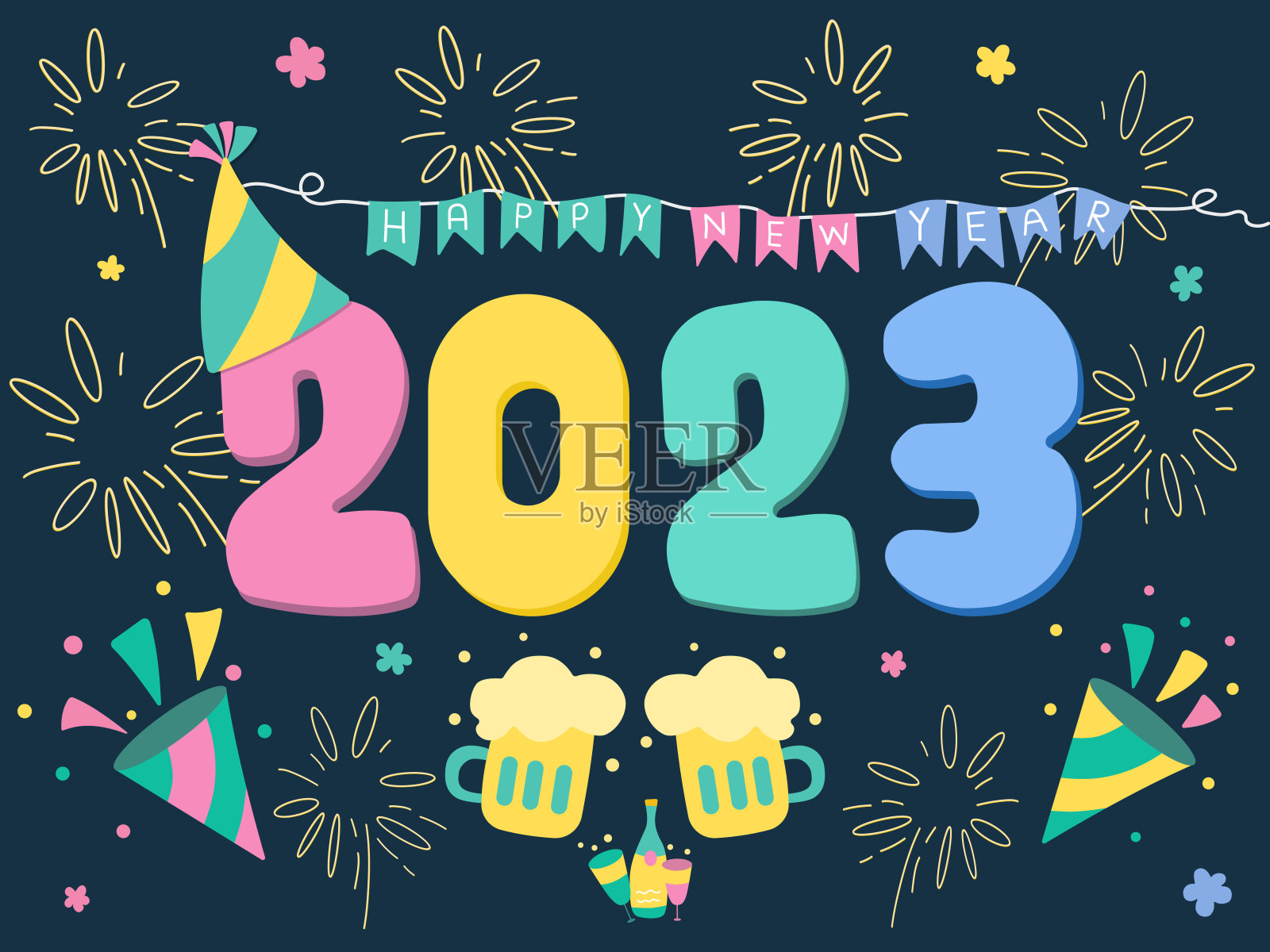 2023年新年快乐。用手绘的烟花和派对庆祝新年。插画图片素材