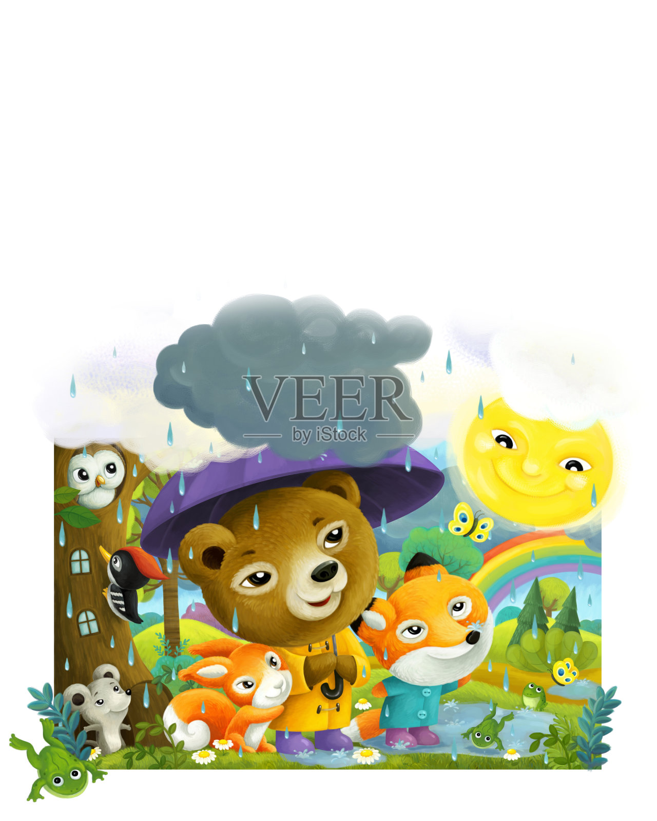 卡通森林动物朋友在雨中散步插画图片素材