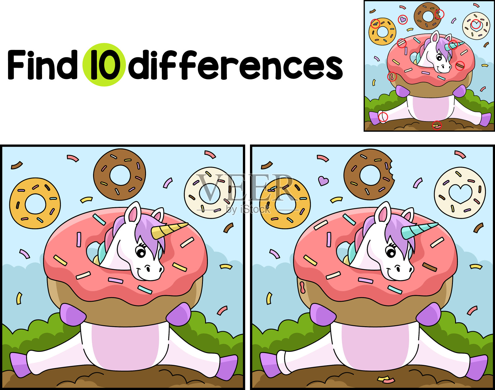 坐在独角兽卡住甜甜圈找到不同之处插画图片素材