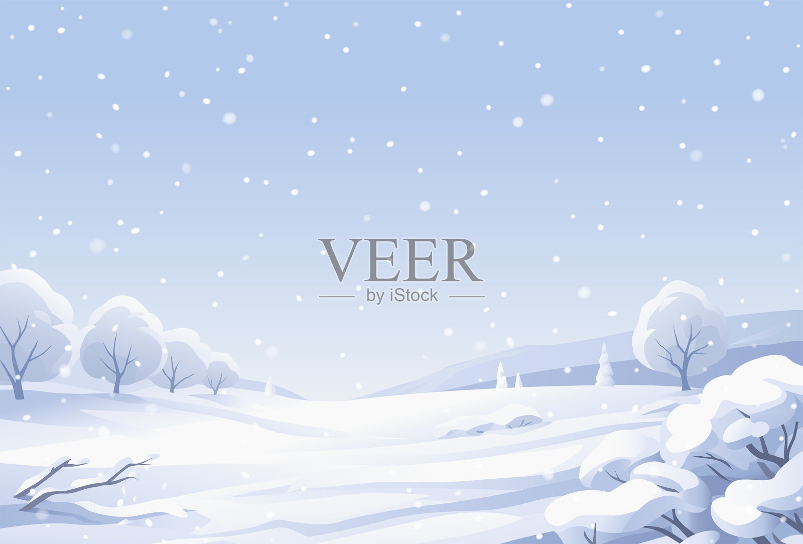 冬天的风景与白雪覆盖的树木插画图片素材