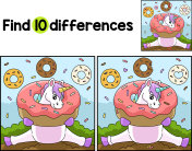 坐在独角兽卡住甜甜圈找到不同之处插画图片