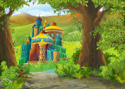 卡通自然场景与美丽的城堡与王子和公主插画图片