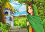 卡通自然风光与美丽的城堡与公主插图插画图片