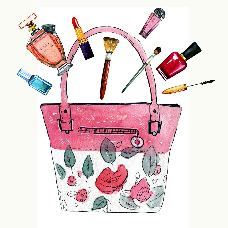 手绘水彩插图与粉色风俗化的女性包与鲜花，香水和化妆品图片下载