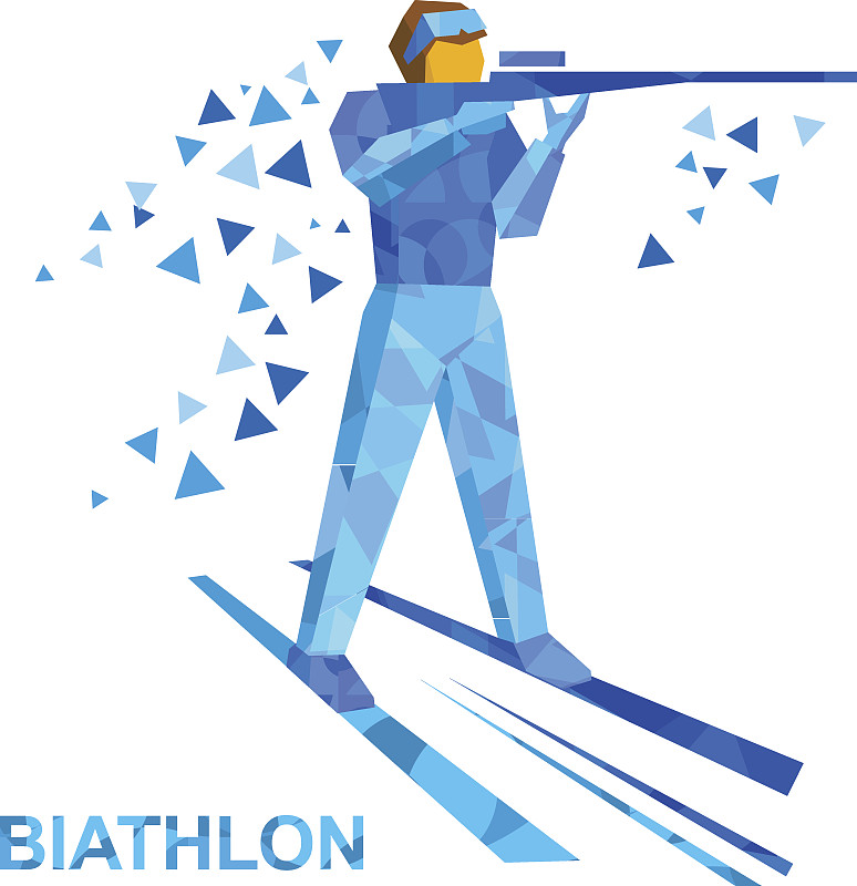 冬季两项。卡通滑雪运动员站在滑雪板上射击步枪图片素材