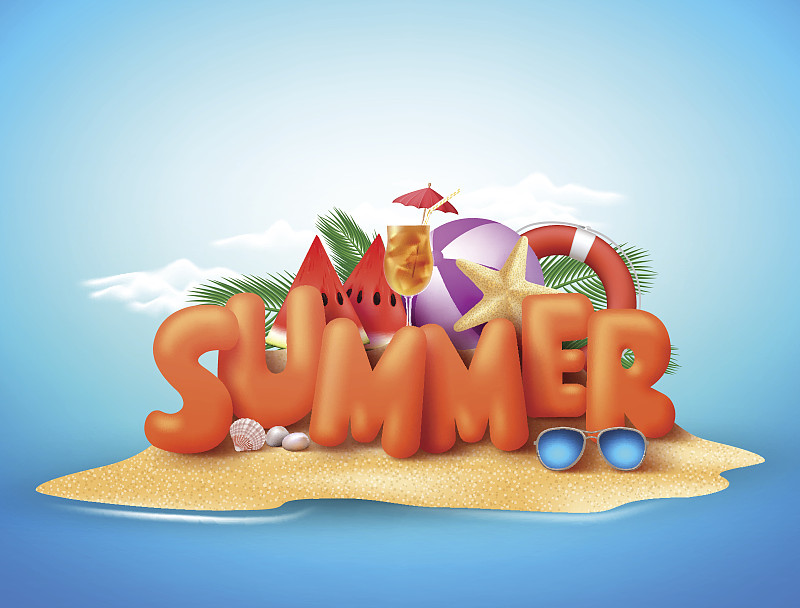 夏日矢量设计的3d夏季文字在海滩图片下载
