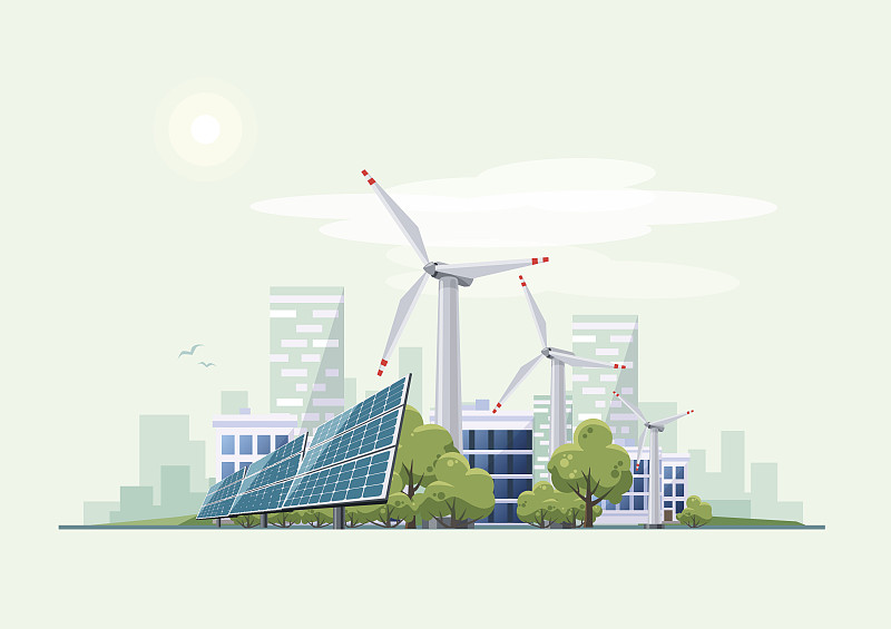 绿色生态城市，拥有太阳能电池板和风力涡轮机图片下载