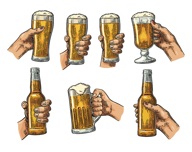 男人和女人手牵着手，碰着啤酒杯、酒瓶图片下载