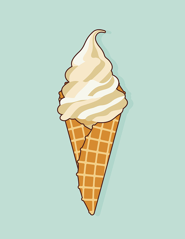 彩色美味的孤立冰淇淋在绿松石背景。脆脆的威化蛋筒，里面是白色和米色的奶油。矢量插图。图片下载