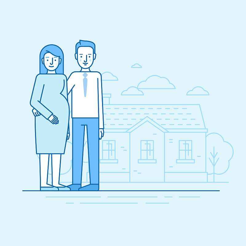 矢量平面线性插图在蓝色-幸福的年轻家庭和期待的父母图片下载