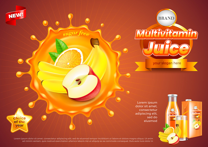 多种维生素果汁广告。水果喷溅矢量背景图片下载