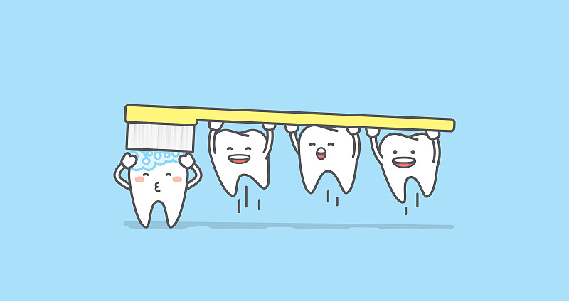 牙齿字符正在刷牙的牙齿插图矢量在蓝色的背景。牙科的概念。图片素材