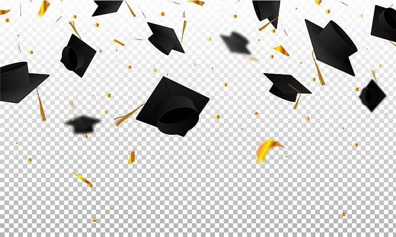 毕业生的帽子和五彩纸屑在一个透明的背景。帽子扔了。毕业证书邀请函。图片下载